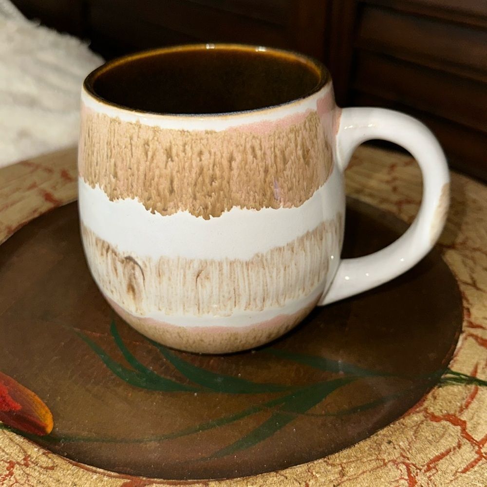 Chubby White Hand painted Mug with a handle Brown White Tan Pink Ivory